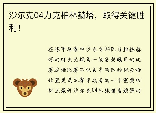 沙尔克04力克柏林赫塔，取得关键胜利！